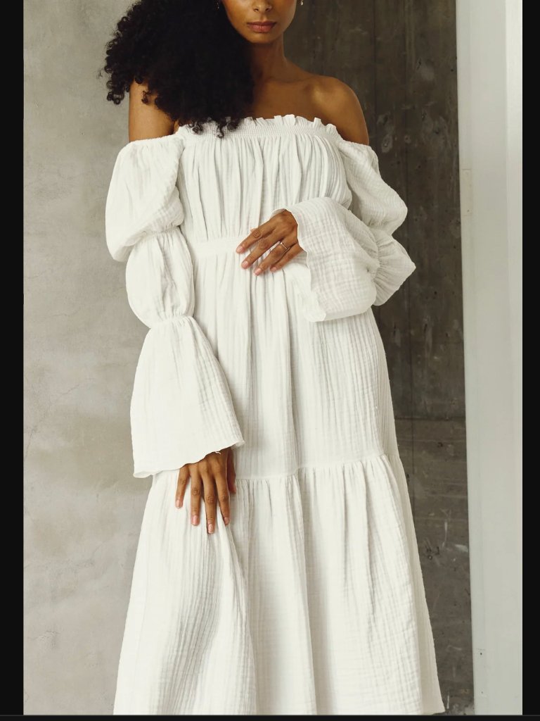 Nwt Nothing Fits But Seine Dress White Gauze Puff Sleeve Tiered Maxi L/Xl — image 2 of 8